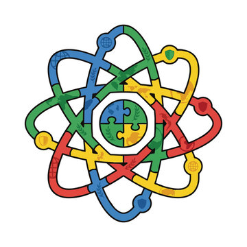 Atomic symbol with puzzle core and interwoven paths representing global connection, security, and peace