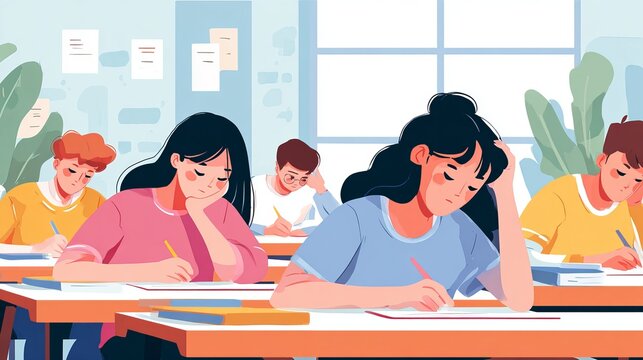 Students taking school admission exam in university classroom, education and world literacy day concept