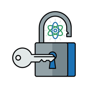 Open padlock with key and atom symbol vector illustration