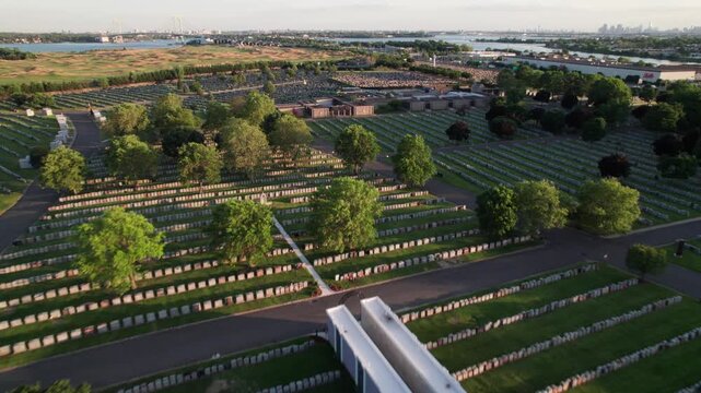 Drone shot over St. Raymonds Old Cemetery in The Bronx, New York, 4K, rows of graves and crosses.