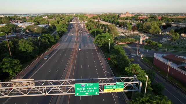 Throgs Neck Long Island sign on the I-95 highway, Bronx, New York, aerial