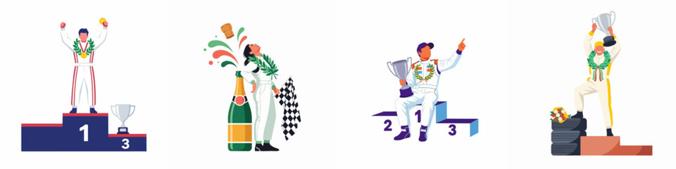 Obraz premium Set of flat vector illustrations depicting victorious car racing champions celebrating on the podium with trophies, laurel wreaths, and champagne.