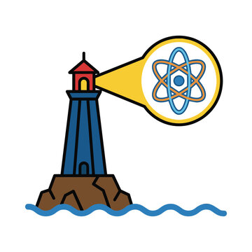Lighthouse shining a beam of light with an atom symbol, a concept for scientific discovery