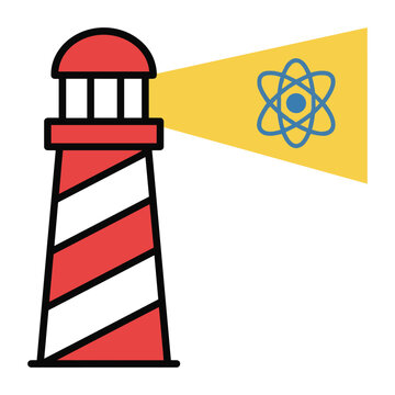Vector illustration of a lighthouse with a beam of light illuminating a science atom icon