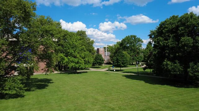 Drone shot of the green space quad at Capital University in Columbus, Ohio
