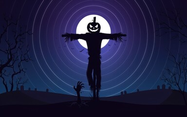 Fototapeta premium Silhouette of jack o lantern with arms raised under full moon