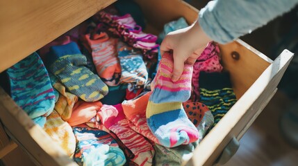 Naklejka premium Organizing colorful socks in a wooden drawer.