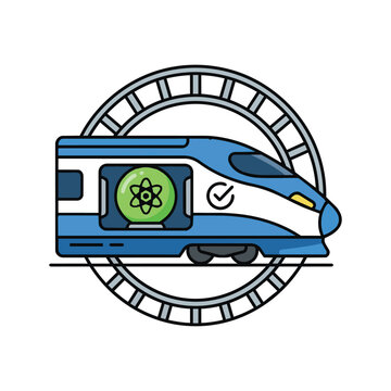 Cartoon icon of a nuclear-powered high-speed train on a circular railway track