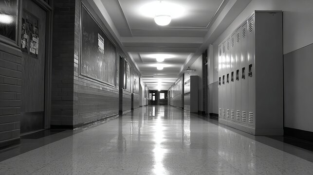 Modern high school hallway with student lockers, classroom entrance and clean institutional building interior