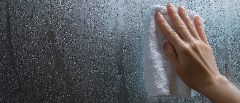 Hand wiping moisture off a glass surface.
