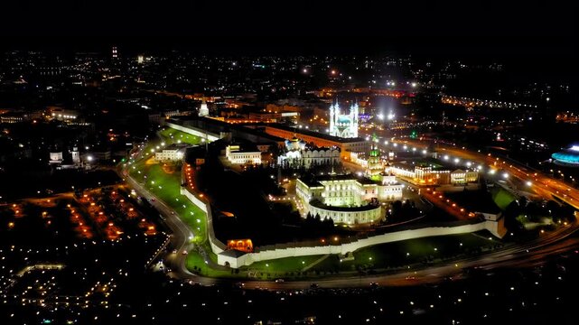 Kazan, Russia. Drone footage of the Kazan Kremlin. Night time. Drone footage, Departure of the camera