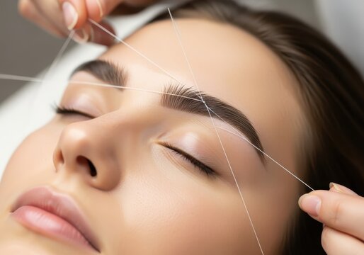 Close-up of a Woman Getting Professional Eyebrow Threading Treatment in a Modern Beauty Spa