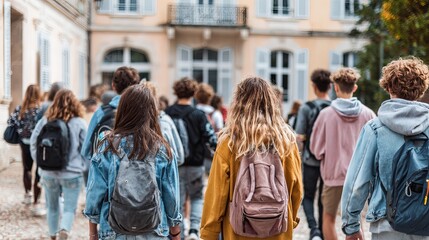 Obraz premium High school students walking together from behind on campus with copy space for education text