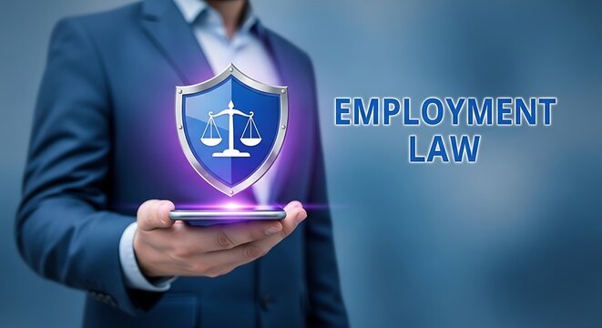 A person in a suit holds a phone displaying a law scale shield with "Employment Law" text