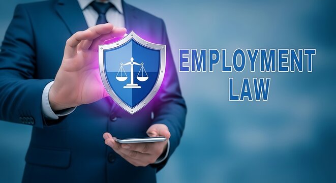 A person in a suit holds a shield with scales, representing employment law