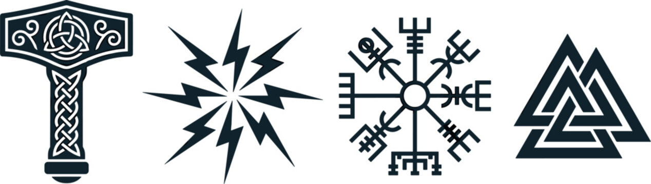 Norse Mythology and Viking Symbol Vector Set with Thor Mjolnir Hammer Lightning Bolt Vegvisir Runic Compass and Valknut Icon Silhouettes