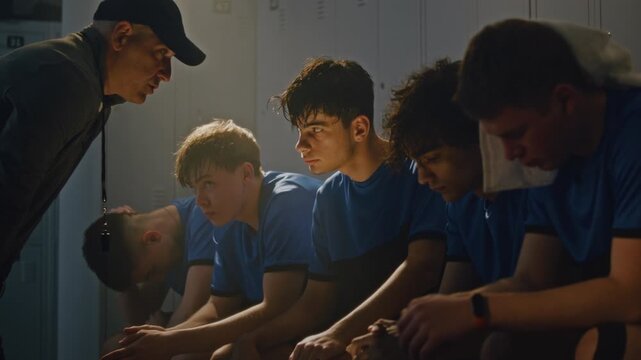 Serious and Tense Scene in Locker Room Where Disappointed Mentor Reprimanding Teenage Student Athletes. Tension, Guilt, Exhaustion as Young Boys Endure Strict Verbal Discipline After Sports Failure.