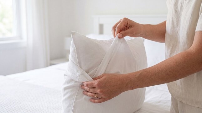 Close-up of hands changing a white pillowcase in a bright, minimalist bedroom.
