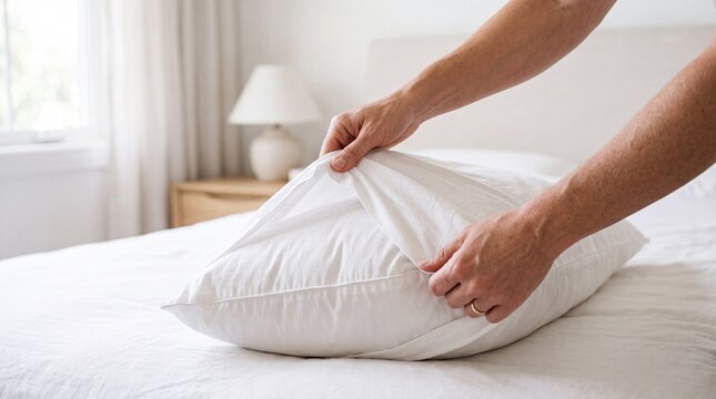 Close-up of hands putting a white pillowcase on a pillow while making the bed in a bright bedroom.