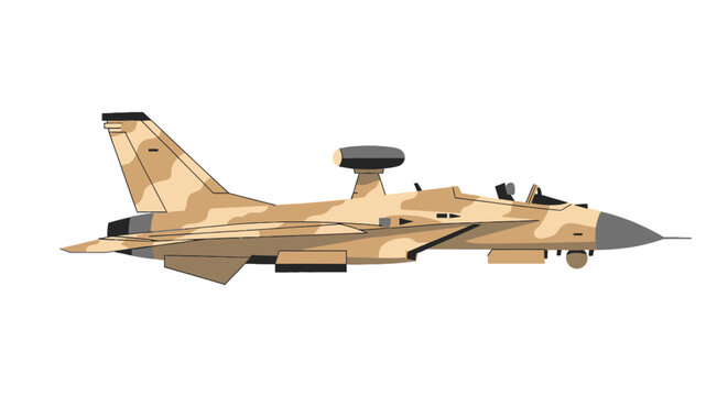 Desert camouflage surveillance fighter jet with radar dome