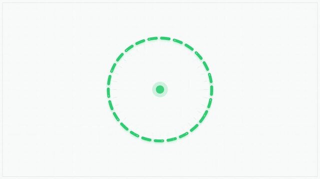 Green dashed circle radar animation with center dot pulsing on grid background, tracking and scanning motion graphic loading indicator