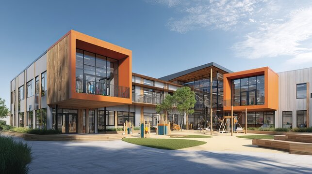 Modern public school building exterior with playground, green lawn and sunny blue sky