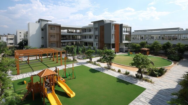 Modern public school building exterior with playground, green lawn and sunny blue sky