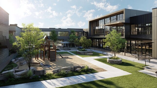 Modern public school building exterior with playground, green lawn and sunny blue sky