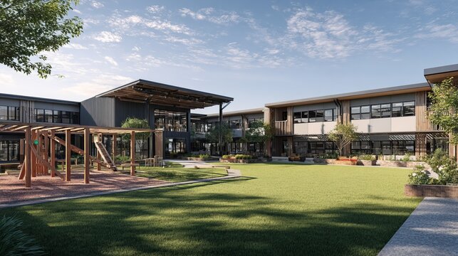 Modern public school building exterior with playground, green lawn and sunny blue sky