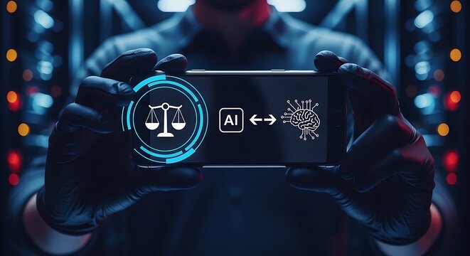 A person in black gloves holds a smartphone displaying legal scales, AI, and a brain icon