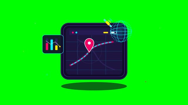 Digital GPS Map Interface Tracking Location with Satellite and Data Analytics on Green Screen.. 4k Footage SVG Loop Animation