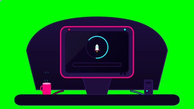 Computer Monitor with Rocket Icon Loading Screen on Desk with Coffee Mug and Green Background.. 4k Footage SVG Loop Animation