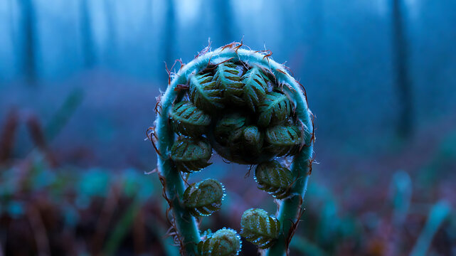 Close-up of a coiled green fern fiddlehead unfurling in a cool, misty forest