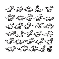 Cute dinosaur line art icons set, 30 prehistoric animal vector illustrations, minimalist hand drawn dino doodles for kids education and branding © Graphics