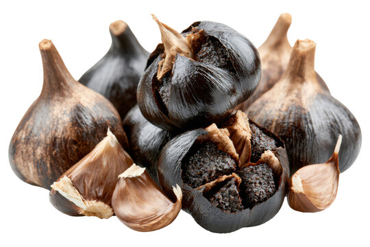 Whole and peeled black garlic isolated as a realistic PNG with rich texture. Ideal for gourmet cooking, healthy eating and culinary concepts.