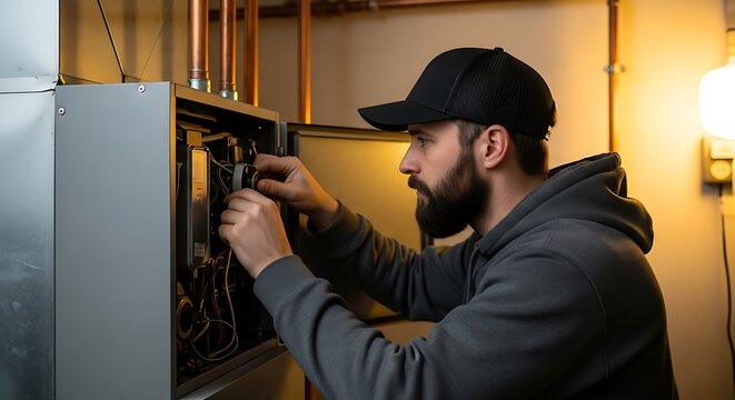 A person with a beard and baseball cap inspects an open electrical panel