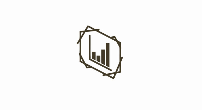 Minimalist black line icon of a bar chart inside a geometric frame representing business growth and data analytics.