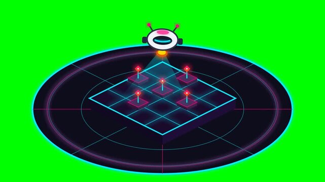 Cute AI Robot Scanning Digital Map Grid for Data Tracking and Analytics on Green Screen Background.. 4k Footage SVG Loop Animation