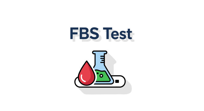FBS test icon with a blood drop and laboratory flask, representing fasting blood sugar medical diagnostic procedure, flat design vector illustration.