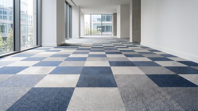 Empty office room interior with modern blue and grey checkered carpet tiles flooring
