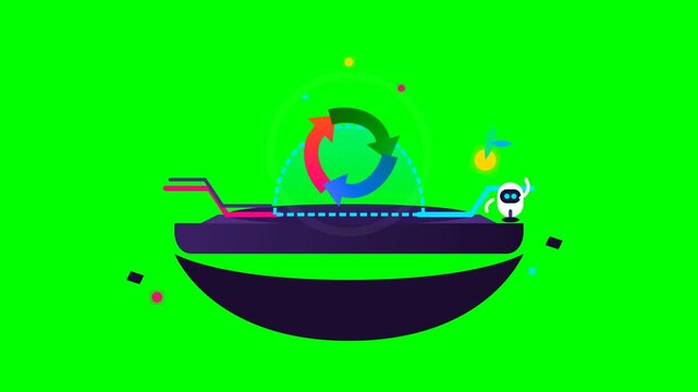 AI Robot and Circular Recycle Arrow Symbol on Futuristic Platform over Green Screen Background.. 4k Footage SVG Loop Animation
