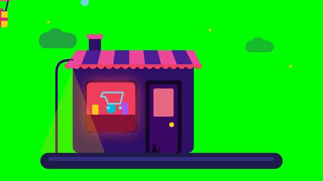 Minimalist Retail Shop Building with Shopping Cart Icon and Striped Awning on Green Screen Background.. 4k Footage SVG Loop Animation