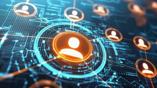 Digital network profile connection interface with glowing user icon data link hub