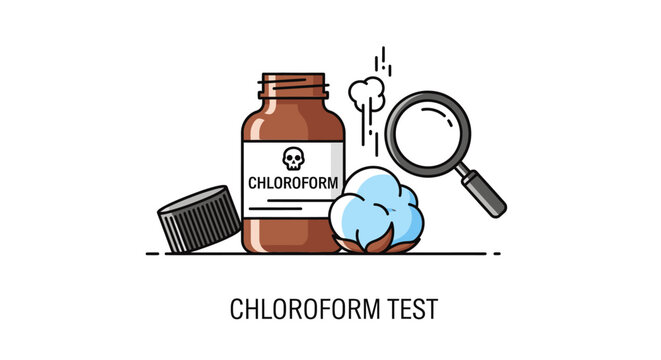 Minimalist illustration of a chloroform bottle, cotton ball, and magnifying glass, conceptualizing a chemical test, isolated on white background.