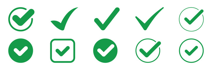 Green Checkmark Icon Set with Circular Tick Symbols for Approval, Confirmation and Validation Design ©    