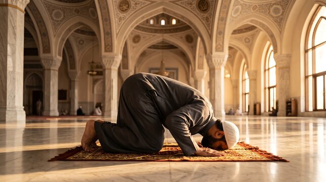 Muslim man praying on a rug inside a beautiful mosque
