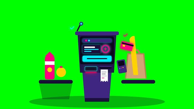 Self-checkout Machine Illustration with Credit Card and Shopping Bag on Green Screen Background.. 4k Footage SVG Loop Animation