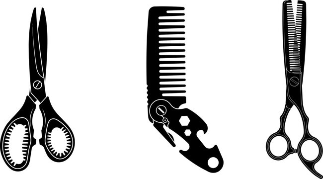 Black silhouette of barber tools scissors and combs for haircutting