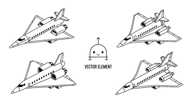 Isometric private jet line art set