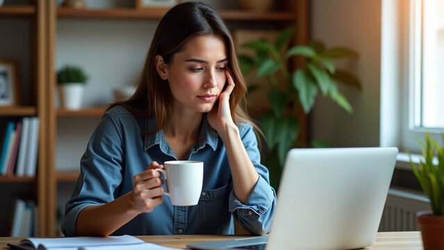 In her home office iteration ar beautiful modern house Holding a mug the woman pauses